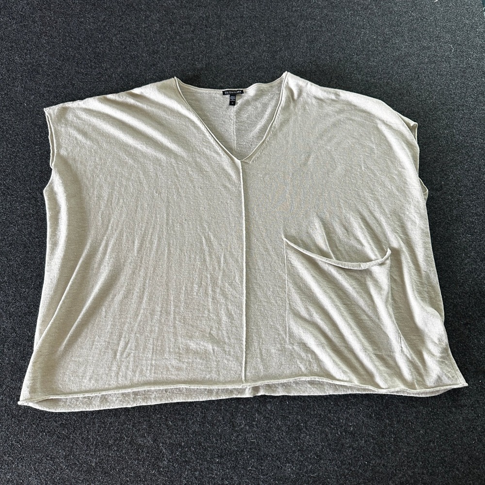 Eileen Fisher Organic Linen Cotton V-Neck Boxy Pocket Top Beige 3X